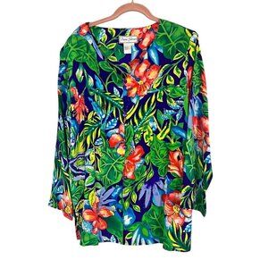 Diane Gilman Silk Sequin Floral Top L Blue Tropical Classic Chic Preppy Resort